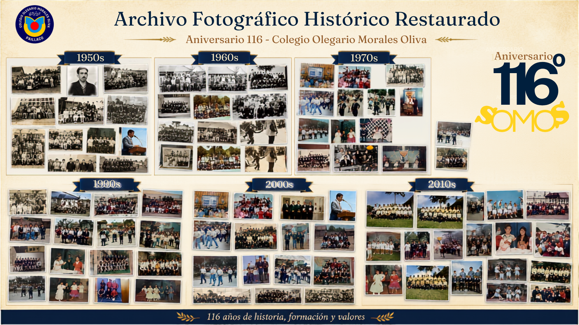 Fotografía de un grupo de estudiantes al aire libre, tomada del mosaico del archivo del colegio